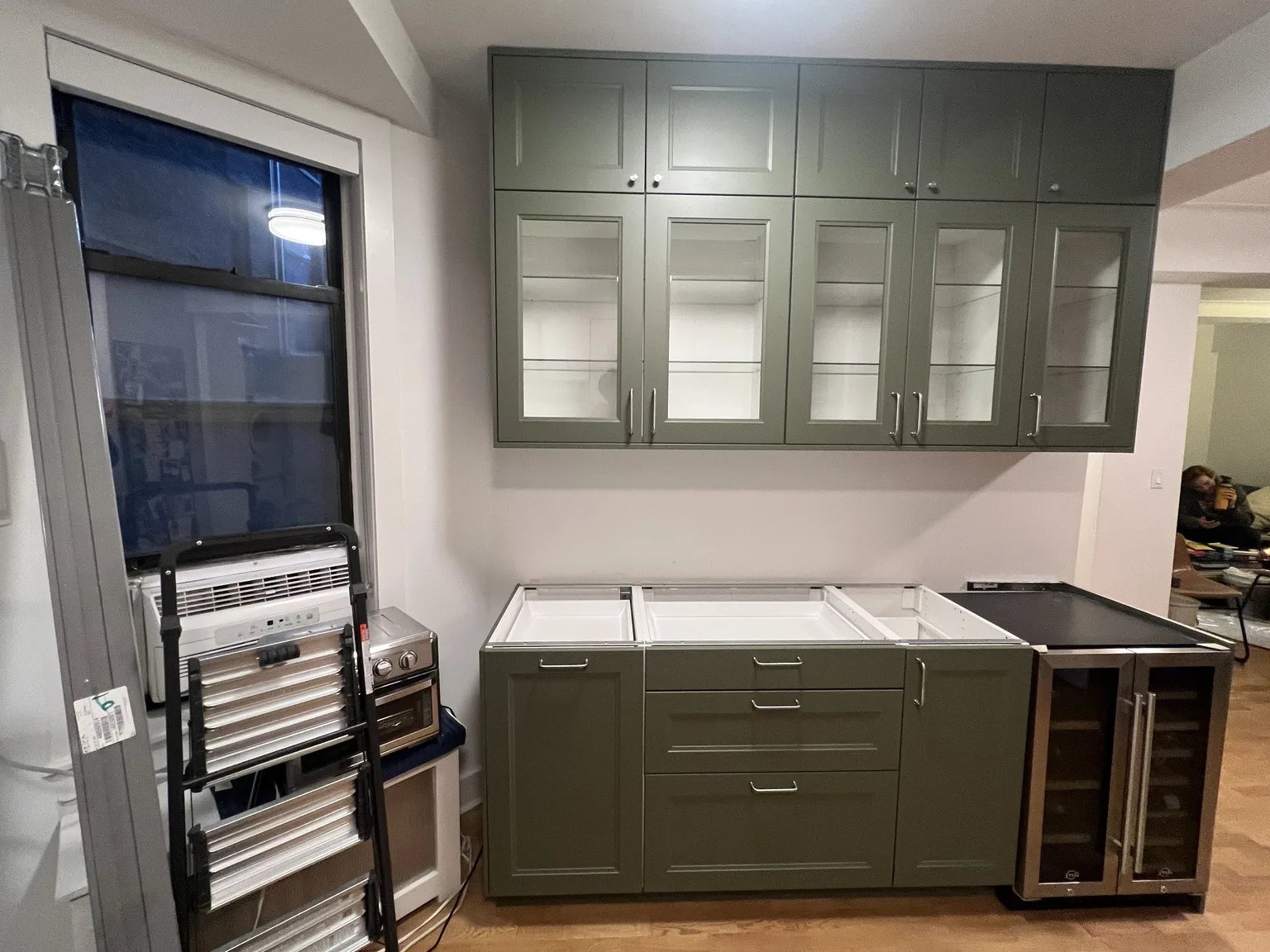 IKEA kitchen installation near Harlem, NY — Sage Green Kitchen with Wine Storage